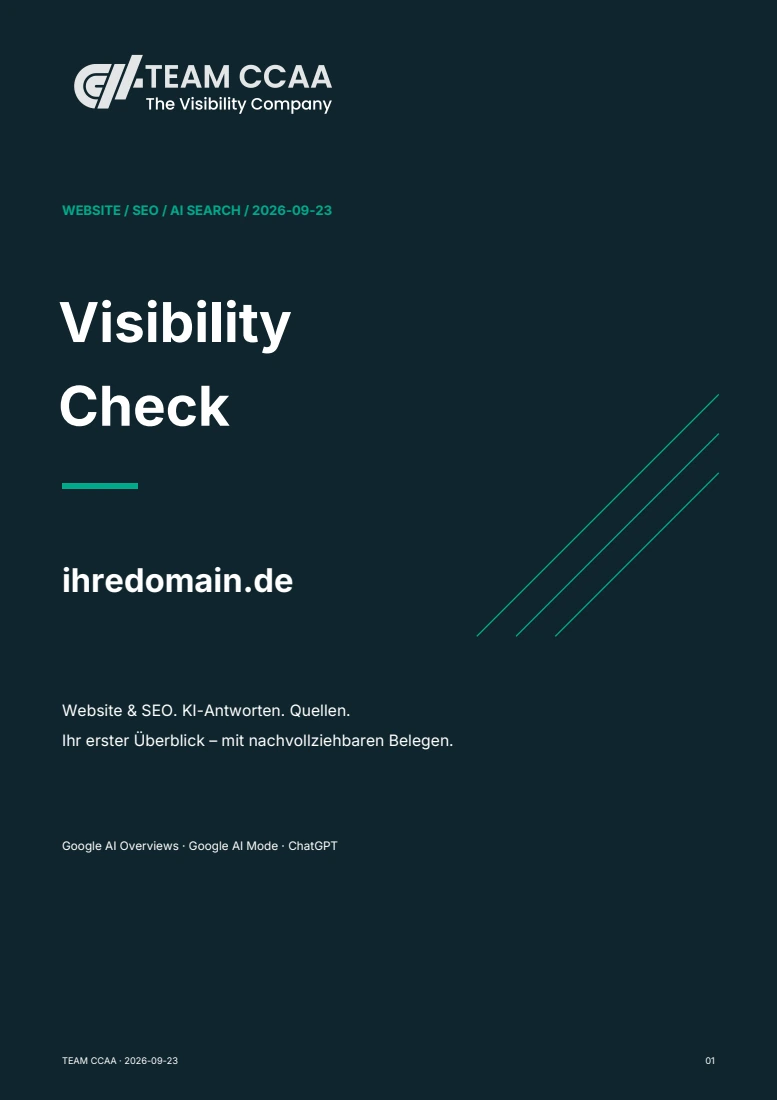 Titelseite des TEAM CCAA Visibility Checks für ihredomain.de