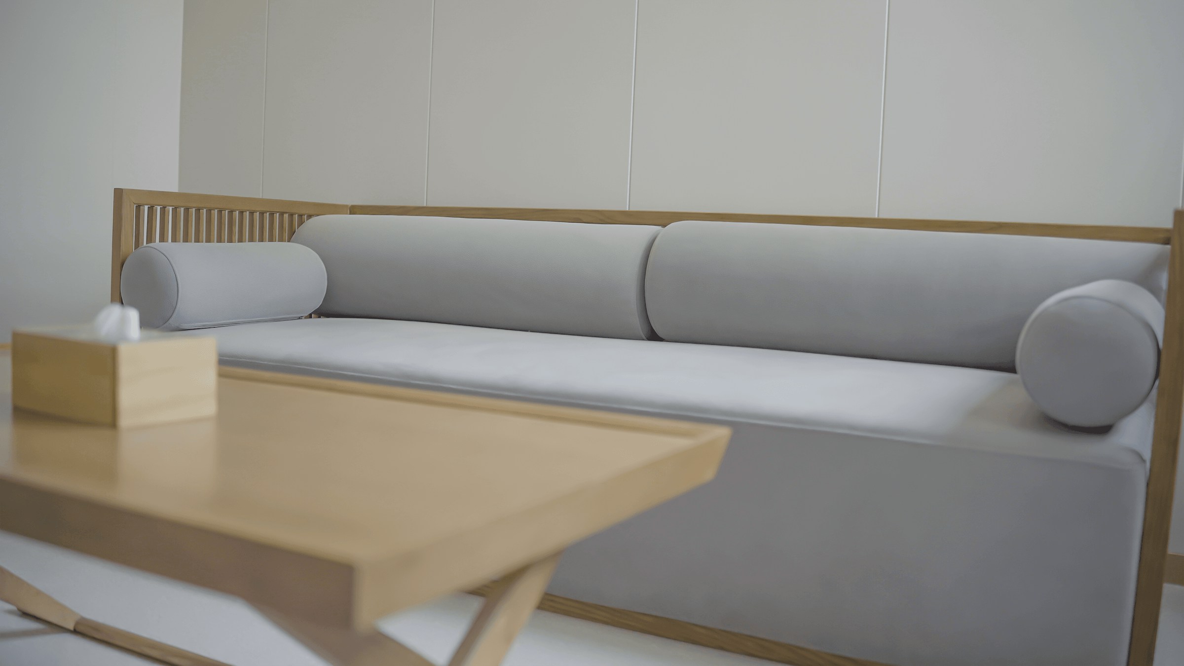 Modern eingerichteter Wohnraum mit Sofa und Möbeln