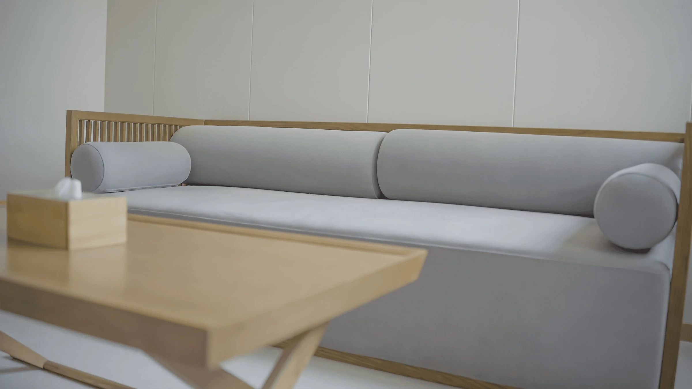 Modern eingerichteter Wohnraum mit Sofa und Möbeln