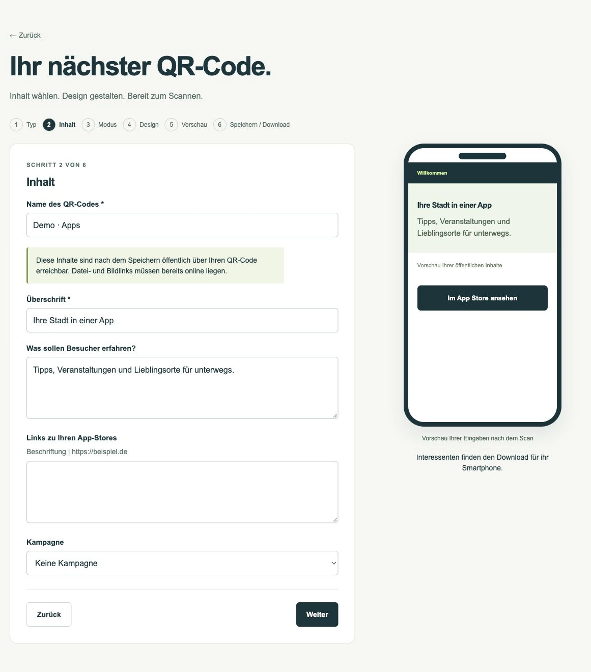 App-Store-Links anbieten · App-Ansicht mit Demodaten