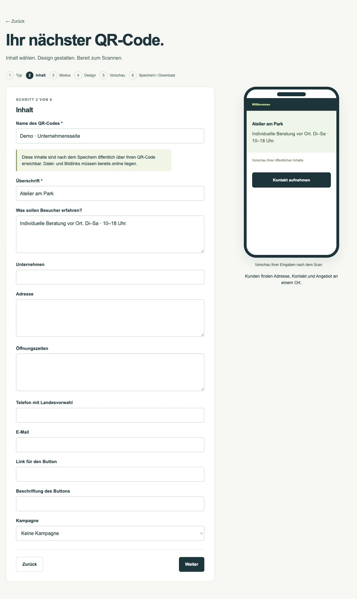 Unternehmensseite erstellen · App-Ansicht mit Demodaten