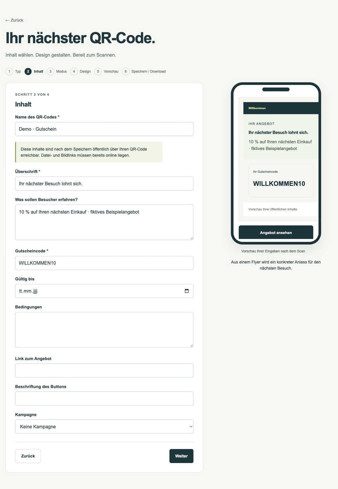 Einen Gutschein zeigen · App-Ansicht mit Demodaten