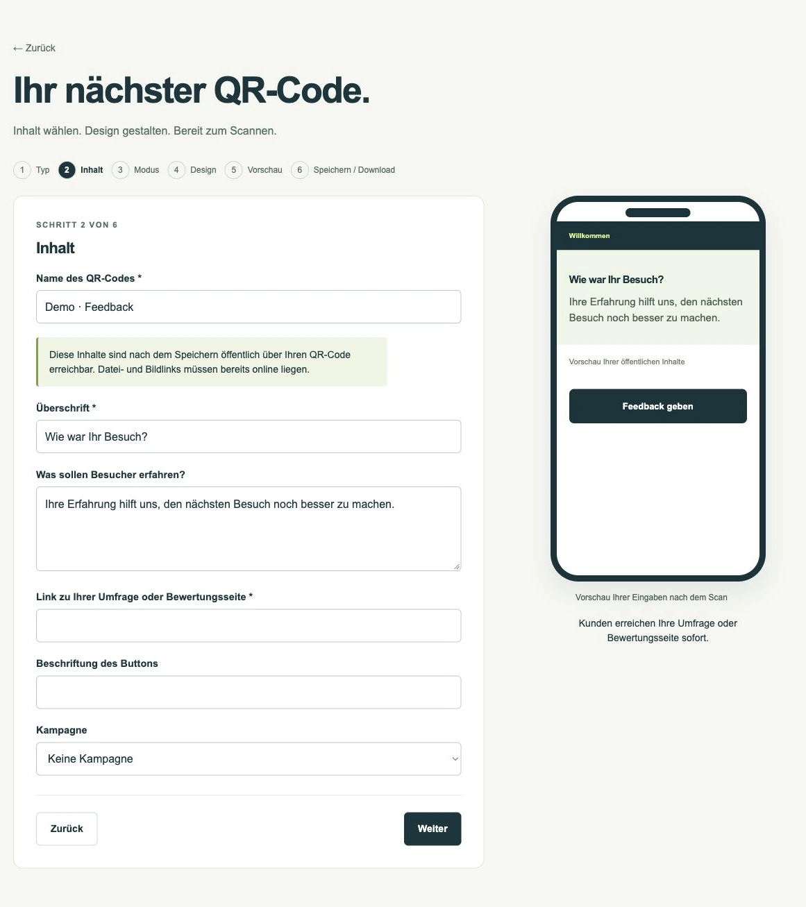 Zu einer Umfrage oder Bewertung führen · App-Ansicht mit Demodaten