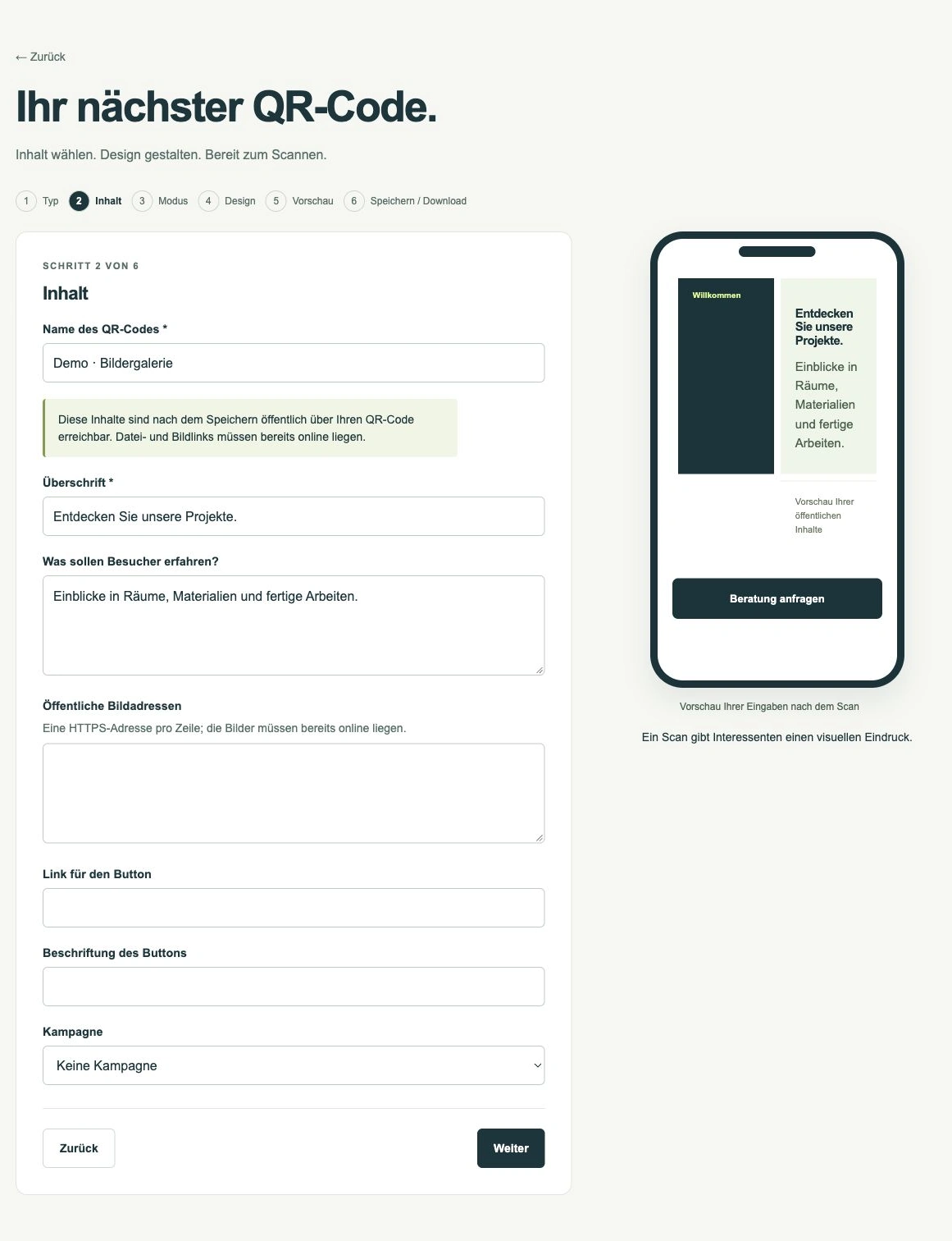 Eine Bildergalerie zeigen · App-Ansicht mit Demodaten
