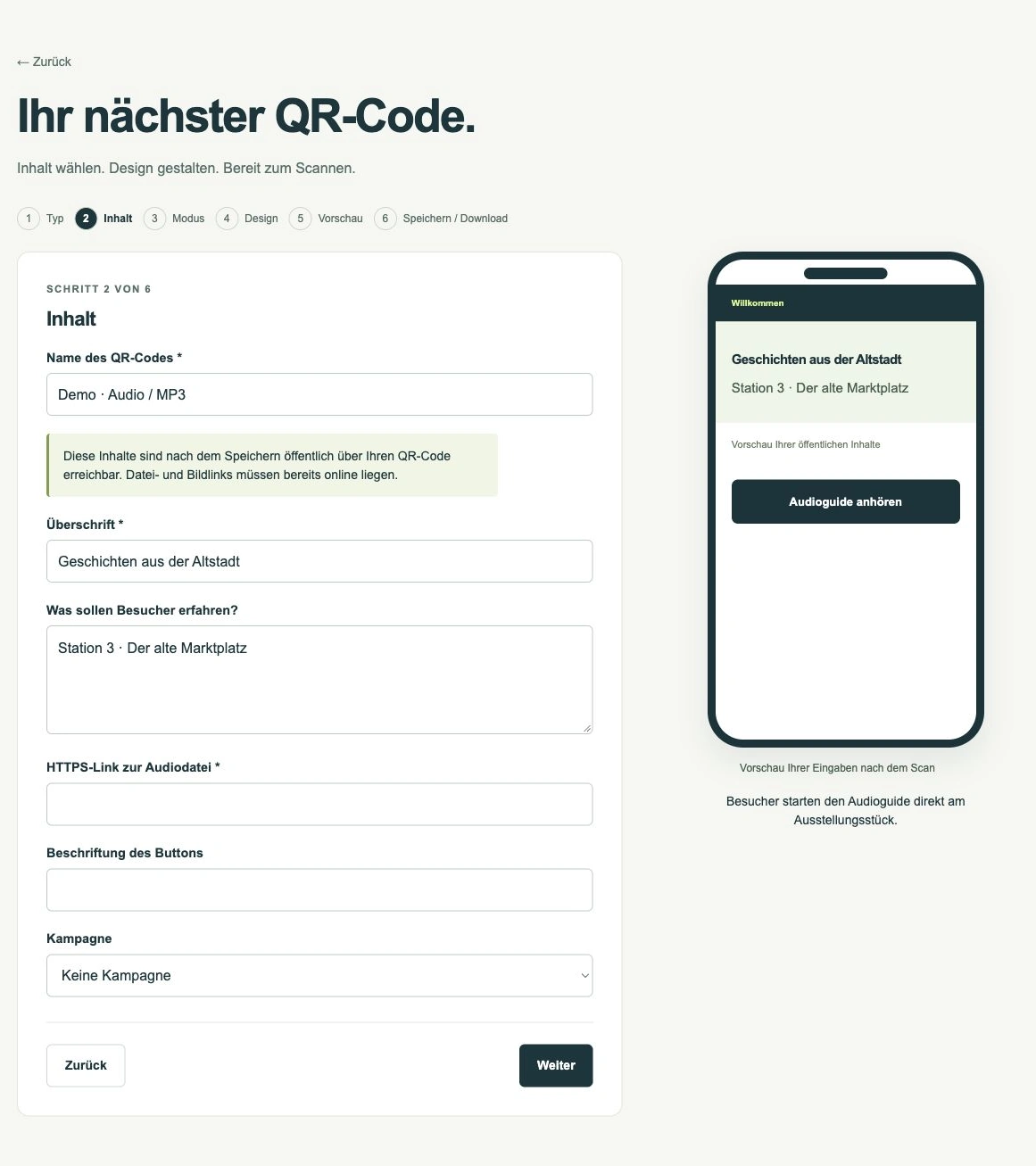 Audio und MP3 anbieten · App-Ansicht mit Demodaten