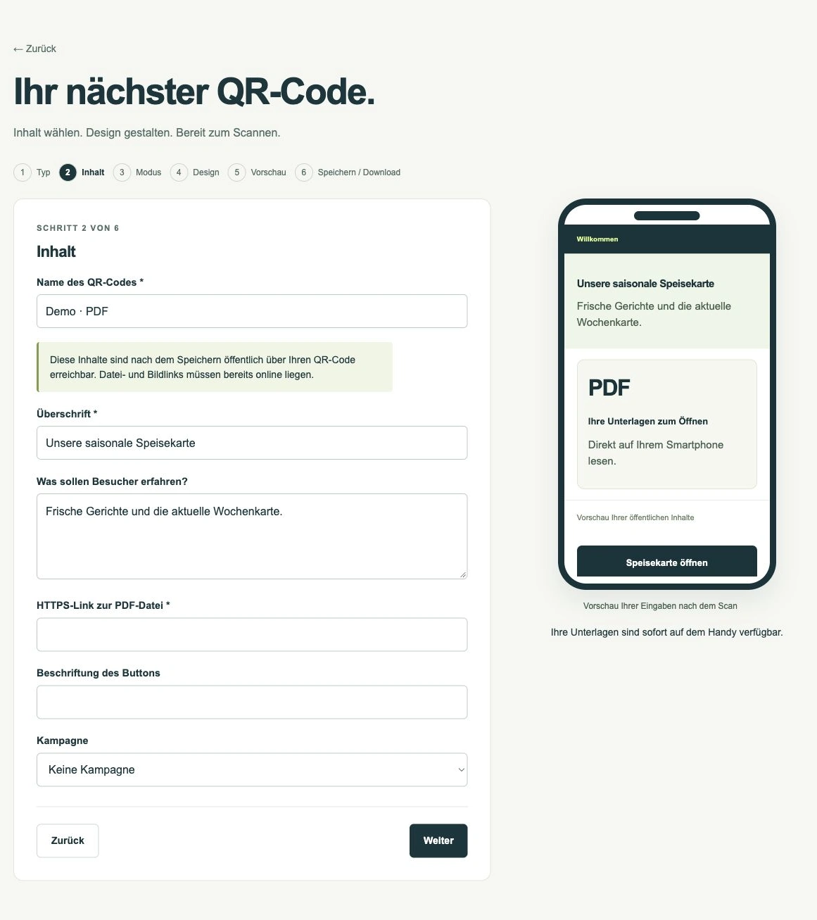 PDF-Code erstellen · App-Ansicht mit Demodaten