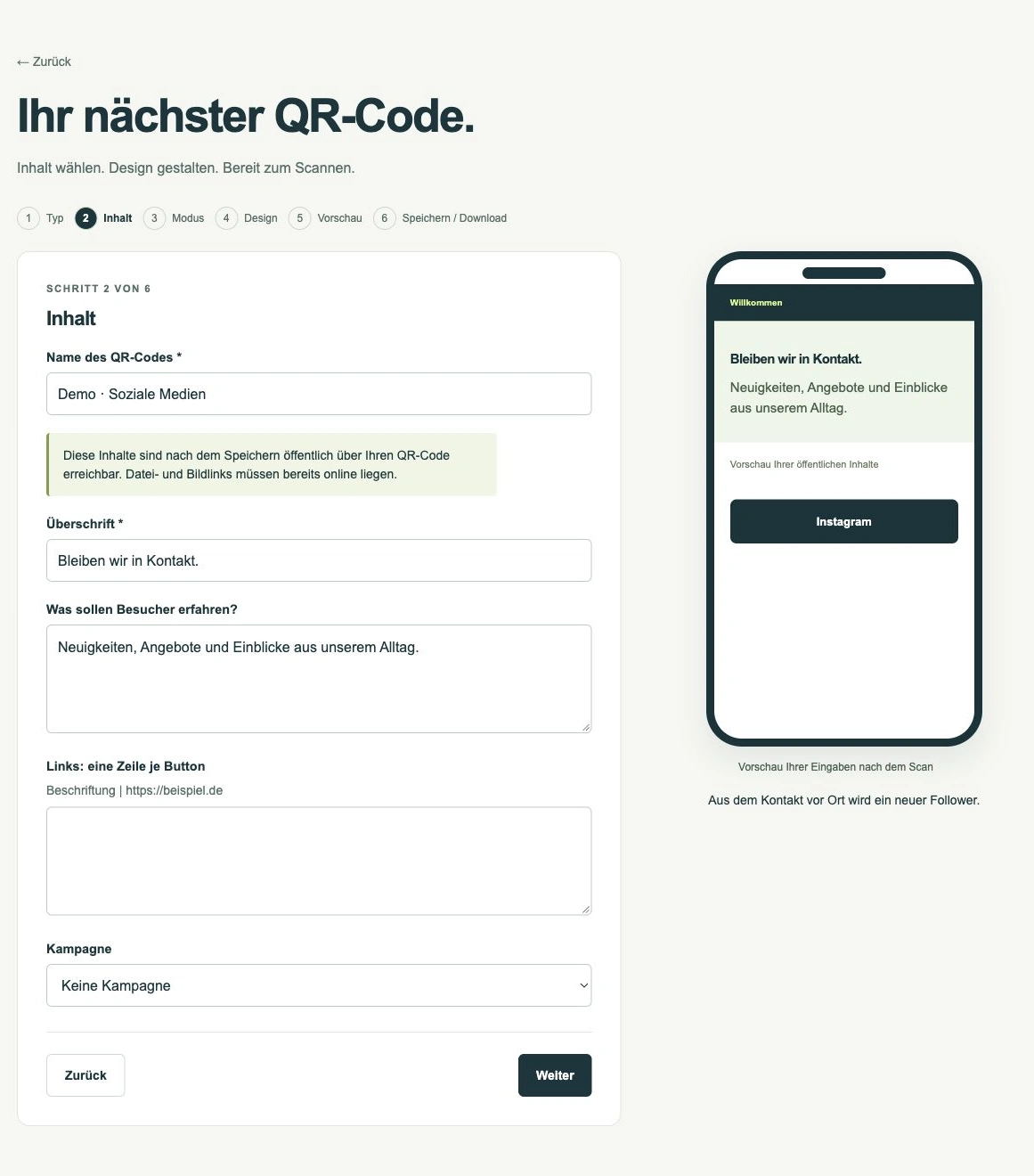 Social-Media-Profile bündeln · App-Ansicht mit Demodaten