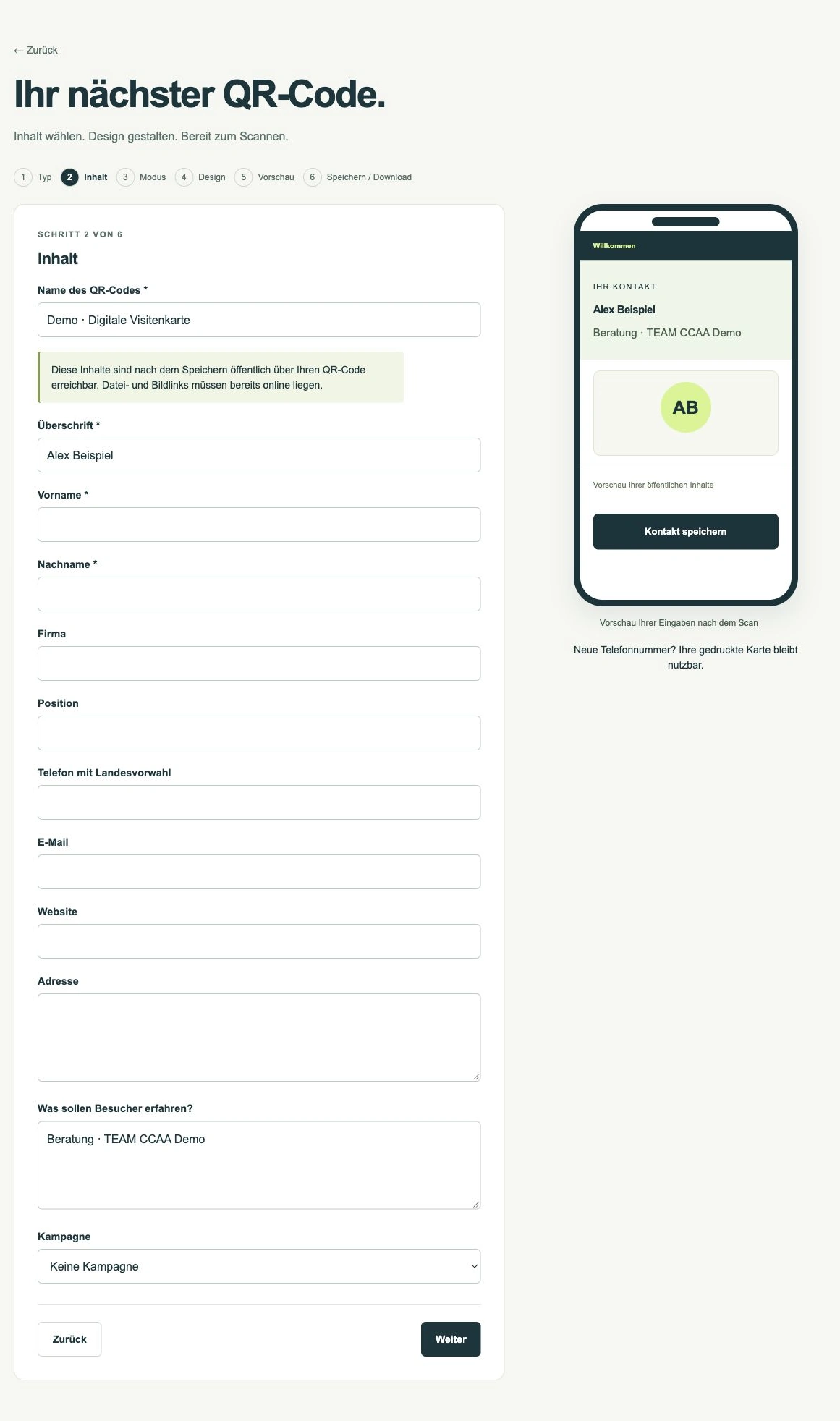 Aktualisierbare digitale Visitenkarte · App-Ansicht mit Demodaten