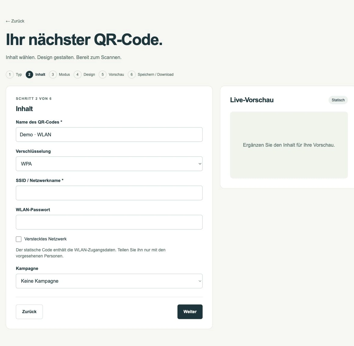 Ein Gäste-WLAN als QR-Code bereitstellen · App-Ansicht mit Demodaten