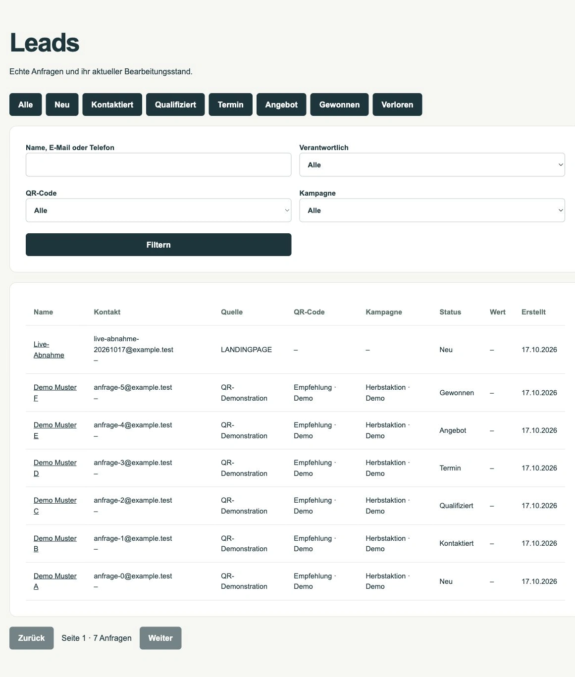 TEAM CCAA QR in der App · Demodaten