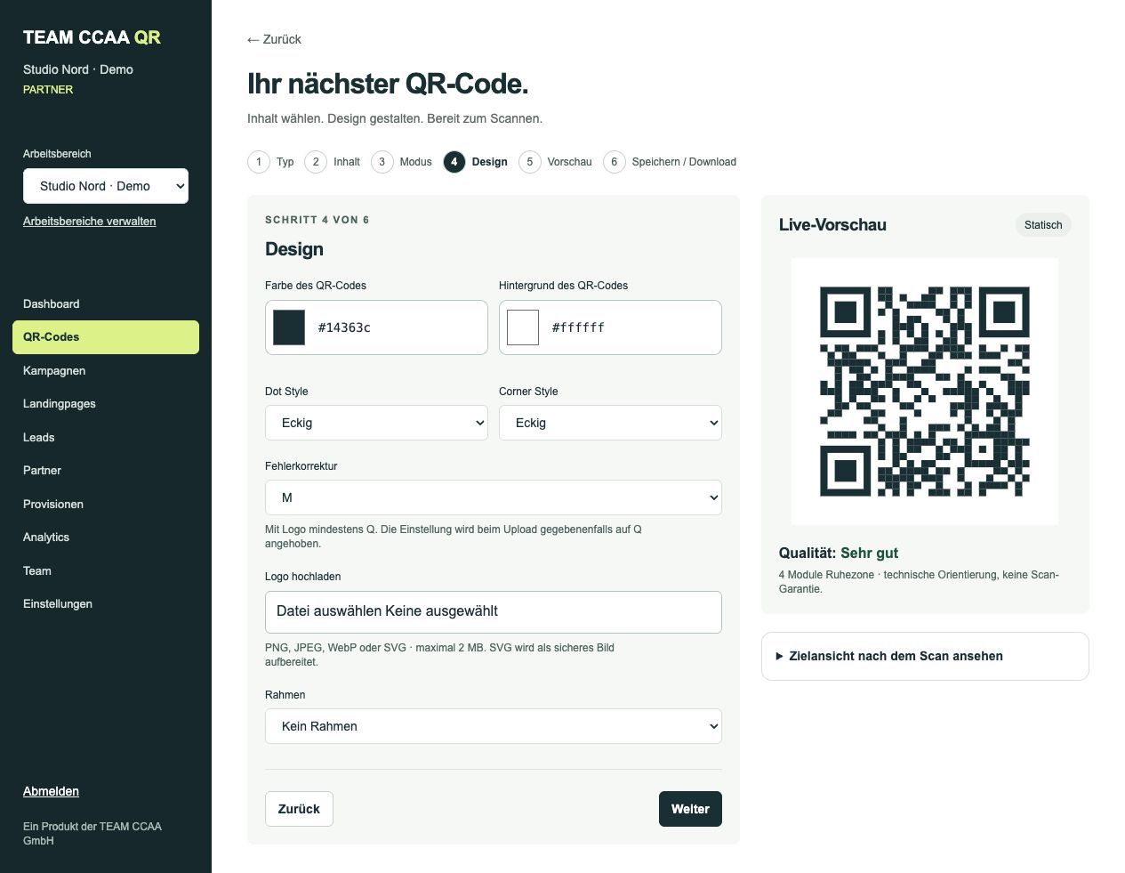 TEAM CCAA QR Editor, echte Oberfläche mit fiktiven Demodaten